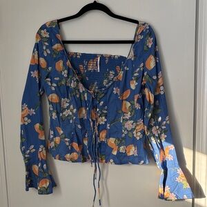 Free People Blue Floral Tie-Front Blouse